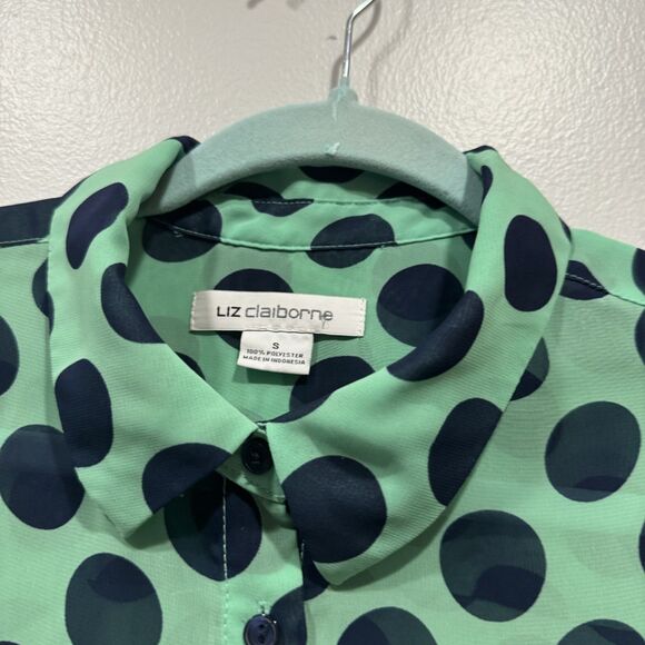Liz Claiborne Button Down Blouse Mint Green Navy Polka Dot Retro Office Women S - Picture 3 of 6